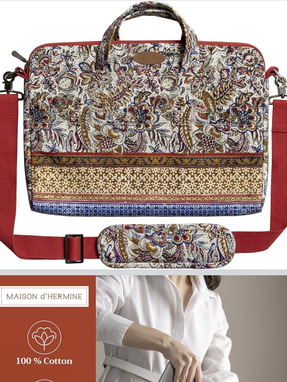 Red Floral Cotton LabTop/Crossbody Bag